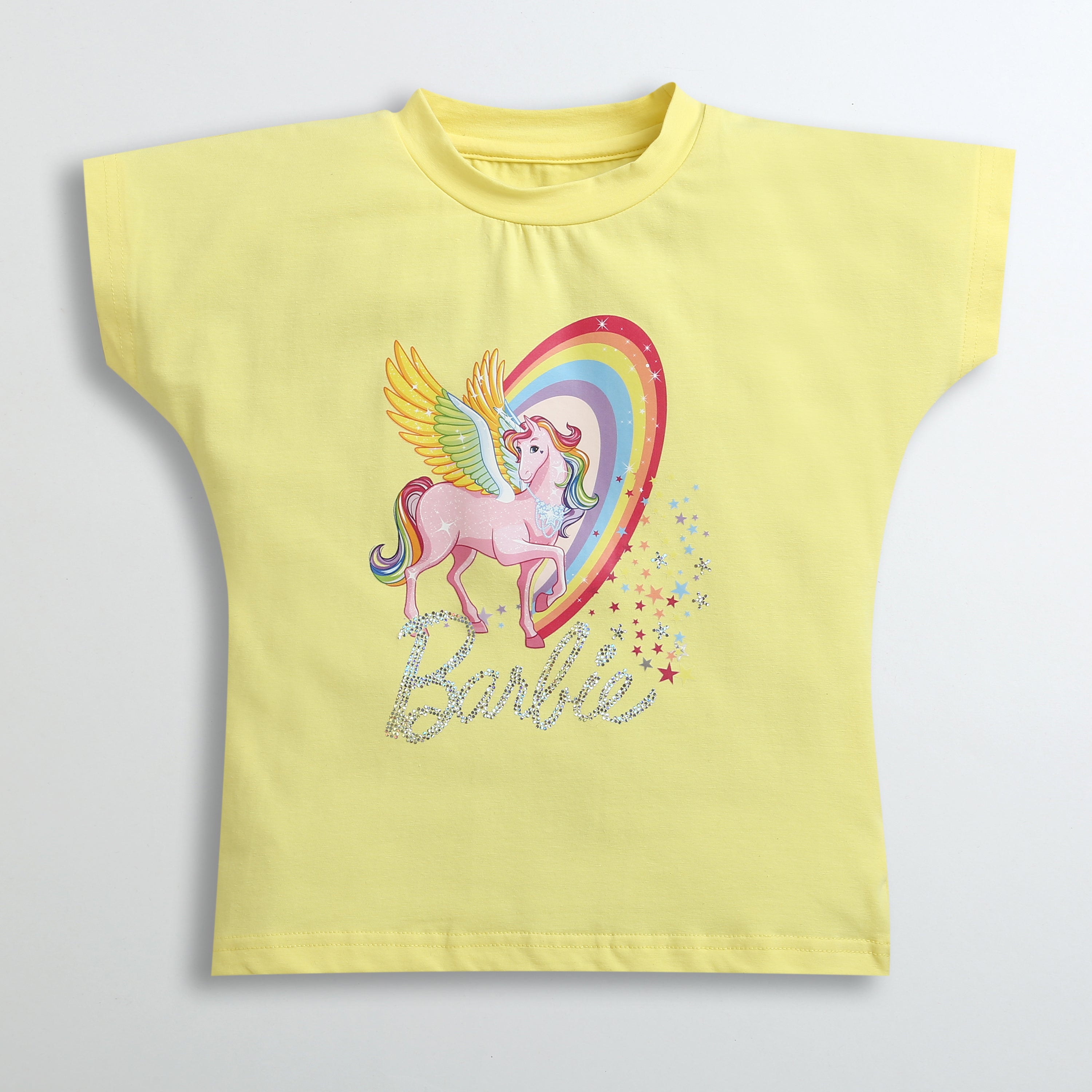 Barbie Stylish Round Neck Drop Shoulder DTF Unicorn Print T Shirt Tiny Girl