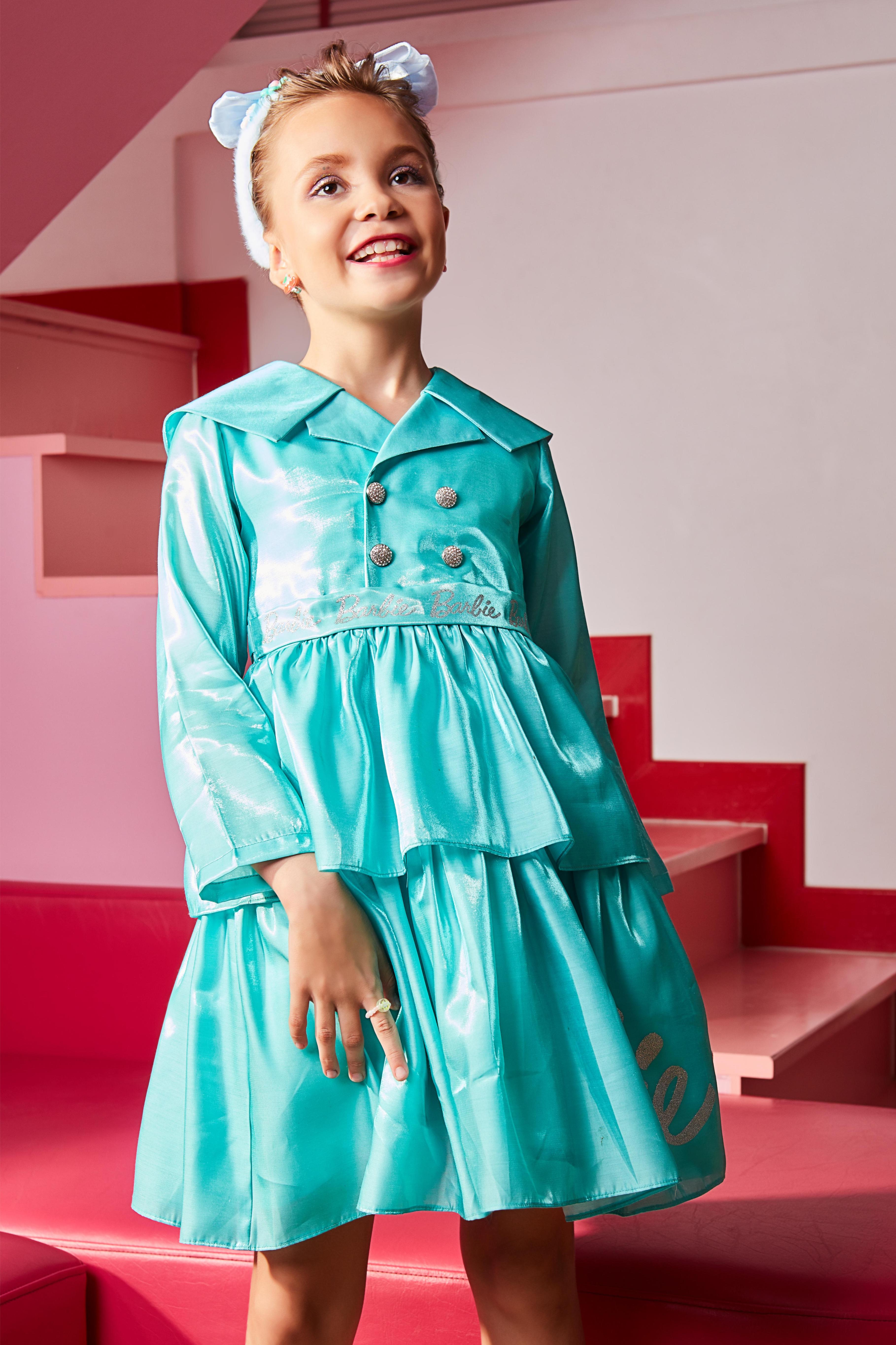 Barbie Two-Layered Gathered Flare Frock With Barbie Foil Print