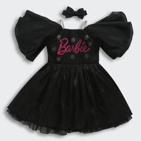 Barbie Frock with Square Neck, Balloon Sleeves & Glitter Print In Front