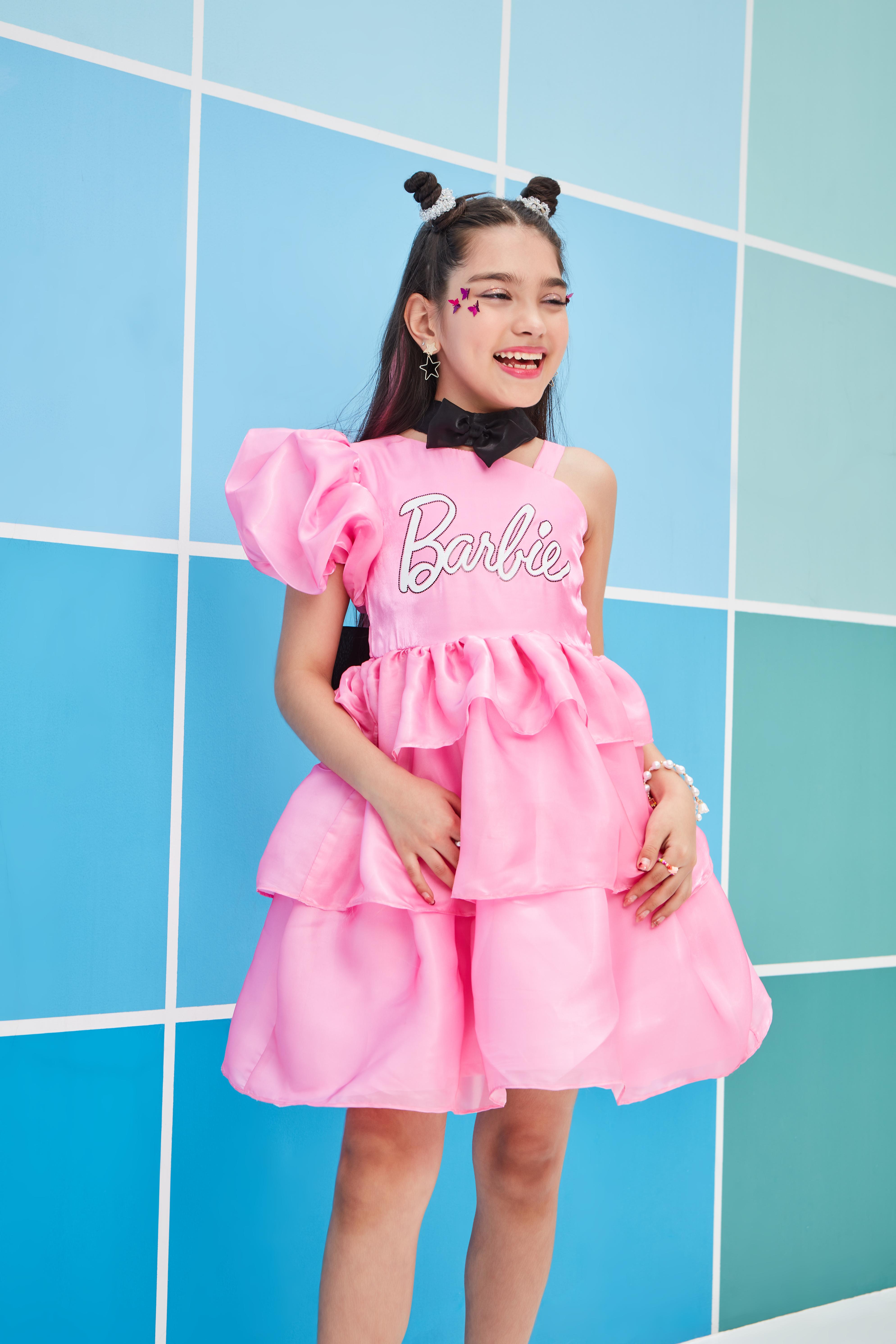 Barbie One-Shoulder Party Frock with Puff Sleeve, Glitter Barbie Print & Contrast Bow Detail