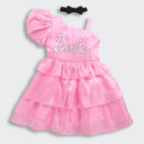 Barbie One-Shoulder Party Frock with Puff Sleeve, Glitter Barbie Print & Contrast Bow Detail