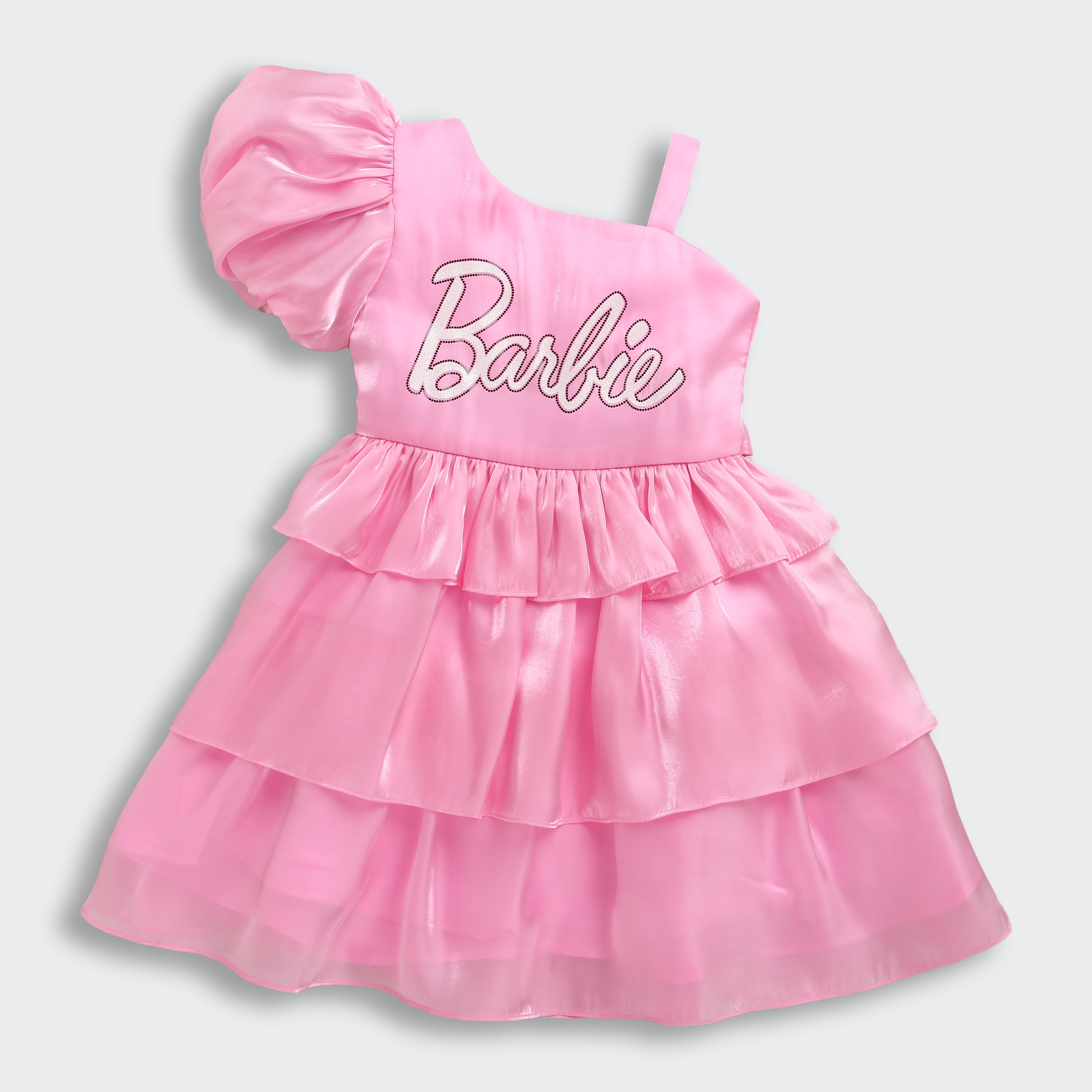 Barbie One-Shoulder Party Frock with Puff Sleeve, Glitter Barbie Print & Contrast Bow Detail