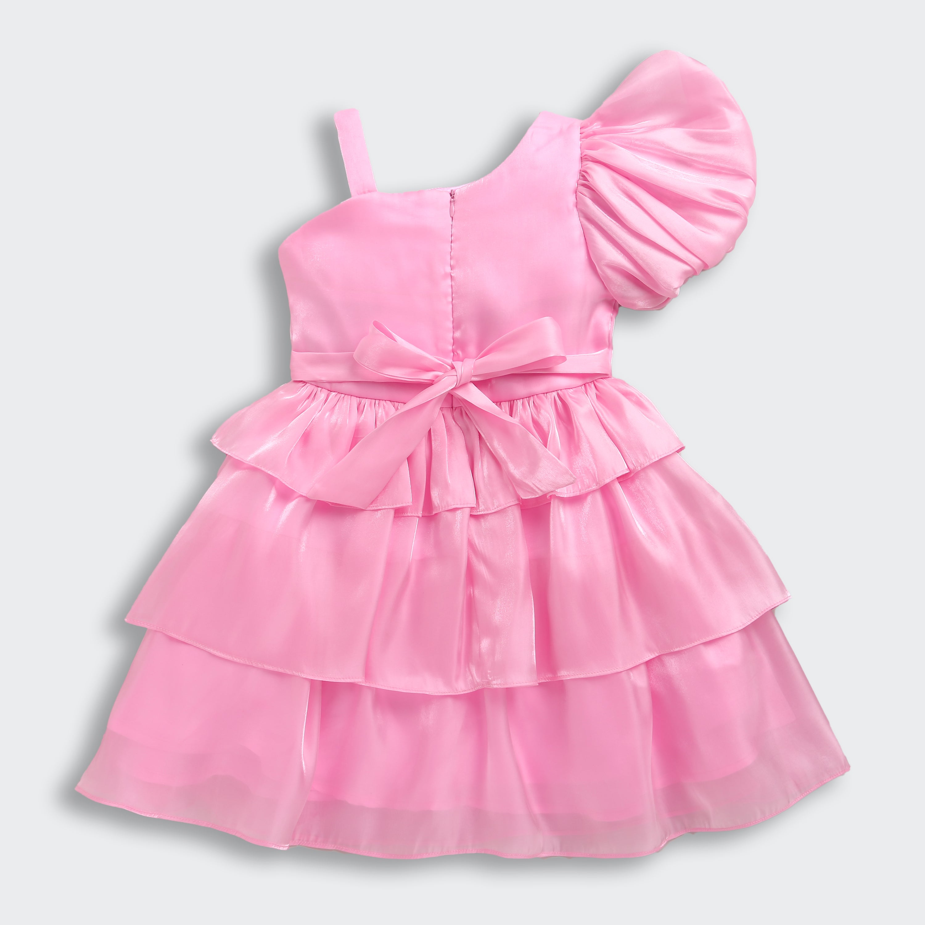 Barbie One-Shoulder Party Frock with Puff Sleeve, Glitter Barbie Print & Contrast Bow Detail