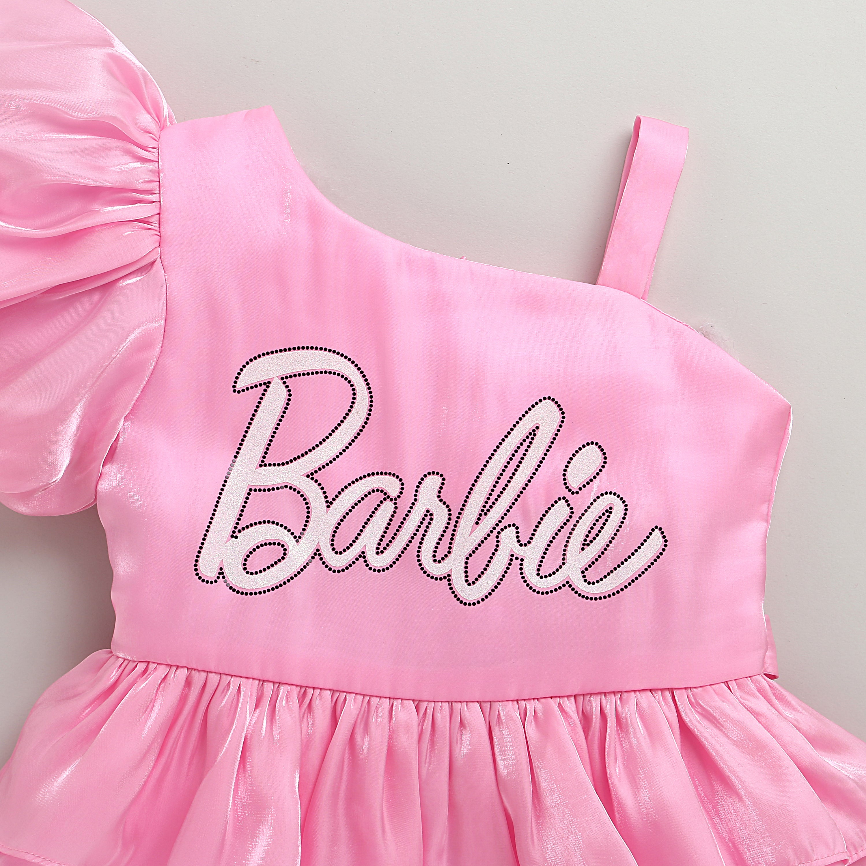 Barbie One-Shoulder Party Frock with Puff Sleeve, Glitter Barbie Print & Contrast Bow Detail