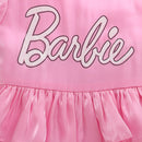 Barbie One-Shoulder Party Frock with Puff Sleeve, Glitter Barbie Print & Contrast Bow Detail