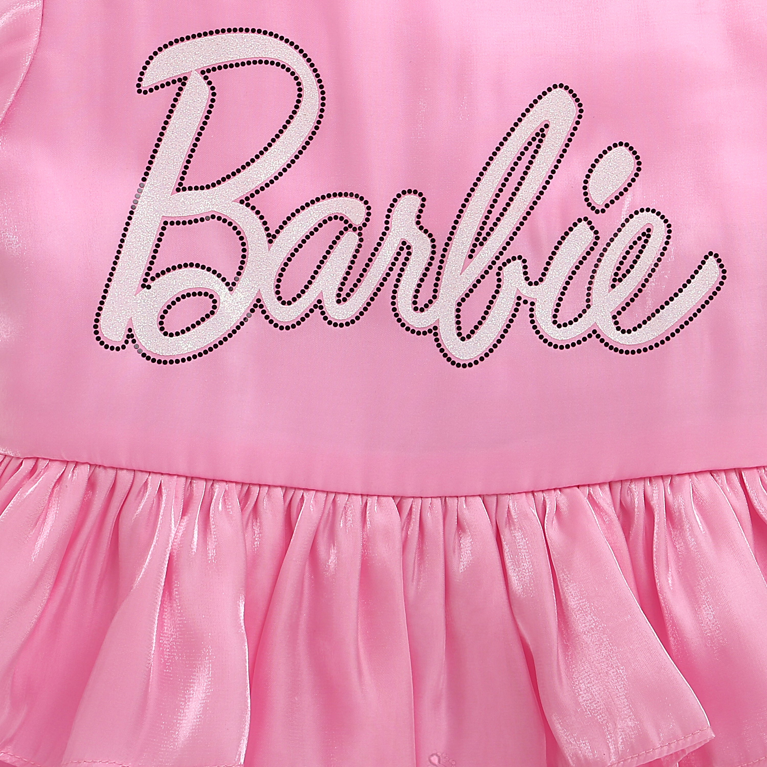 Barbie One-Shoulder Party Frock with Puff Sleeve, Glitter Barbie Print & Contrast Bow Detail