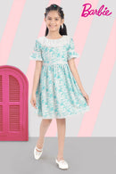 Barbie Party Wear Frock with Boat Neck, Ruffle, Lace Details & Gathered Flare