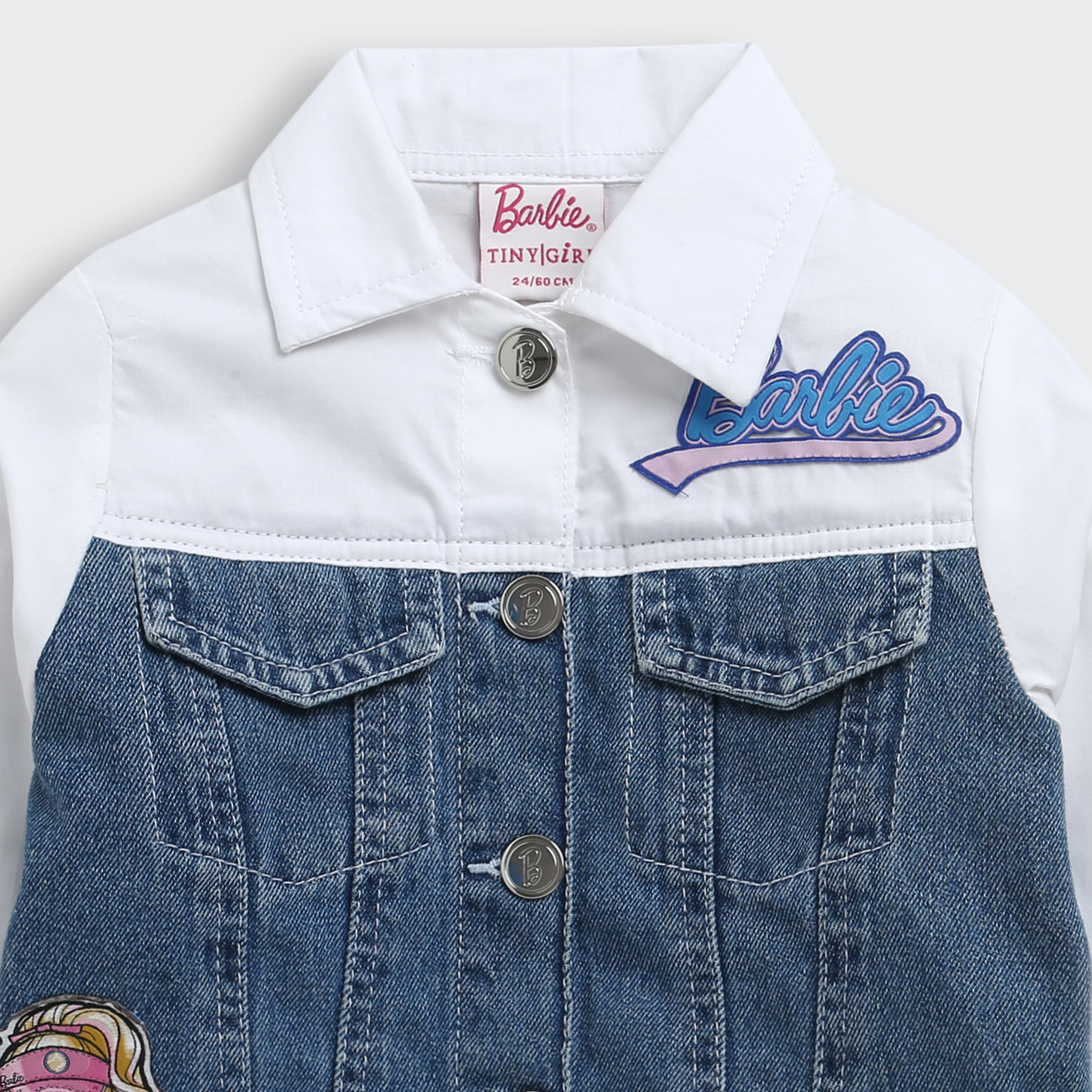 Barbie Stylish Cotton & Denim Jacket with Collar and Front Pockets