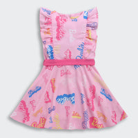 Barbie Ruffled Sleeves Gathered Waist & Detachable Fabric Belt Dress