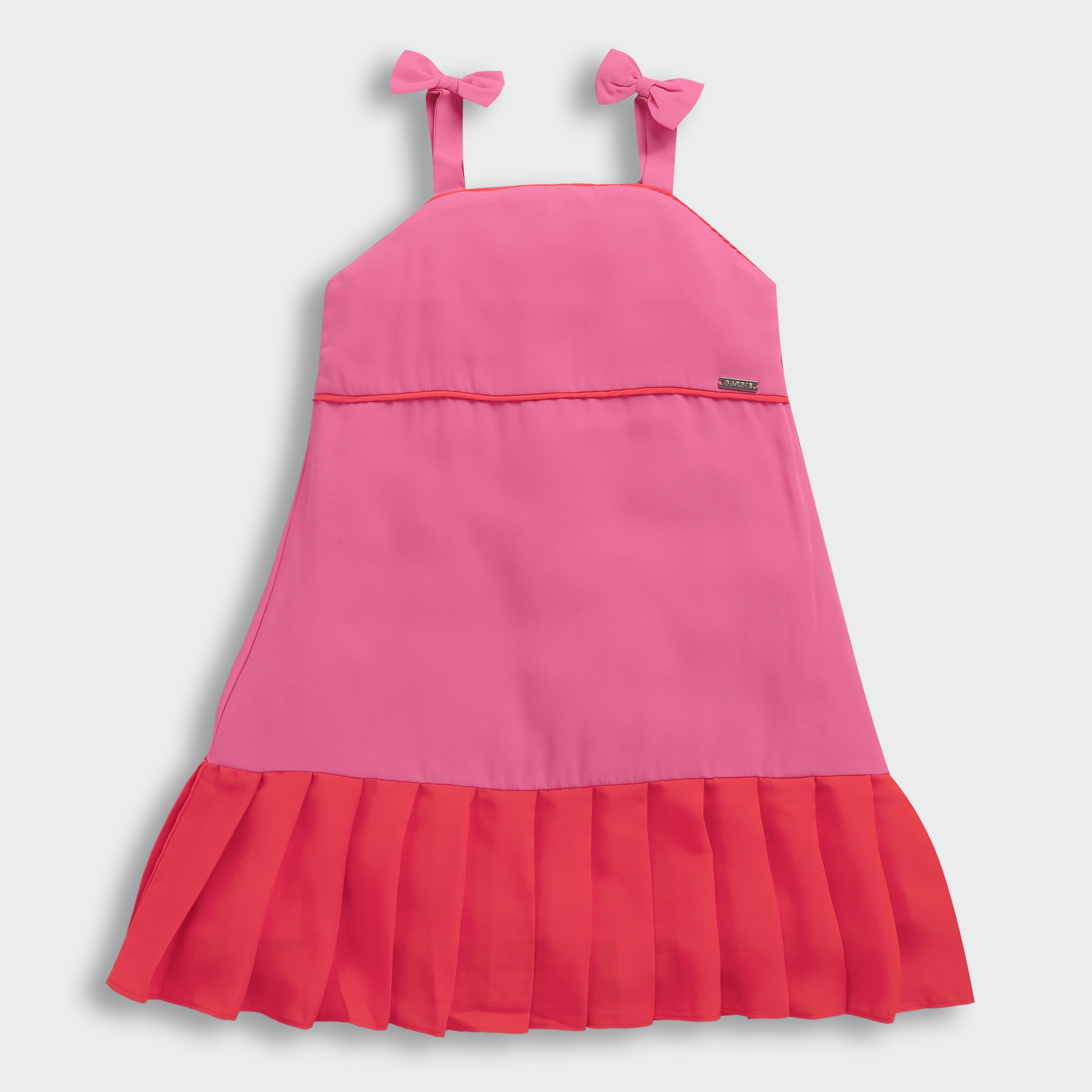 Barbie Spaghetti Strap Midi in Two-Color Fabrics with Bow on Straps & Fixed Belt