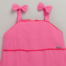 Barbie Spaghetti Strap Midi in Two-Color Fabrics with Bow on Straps & Fixed Belt