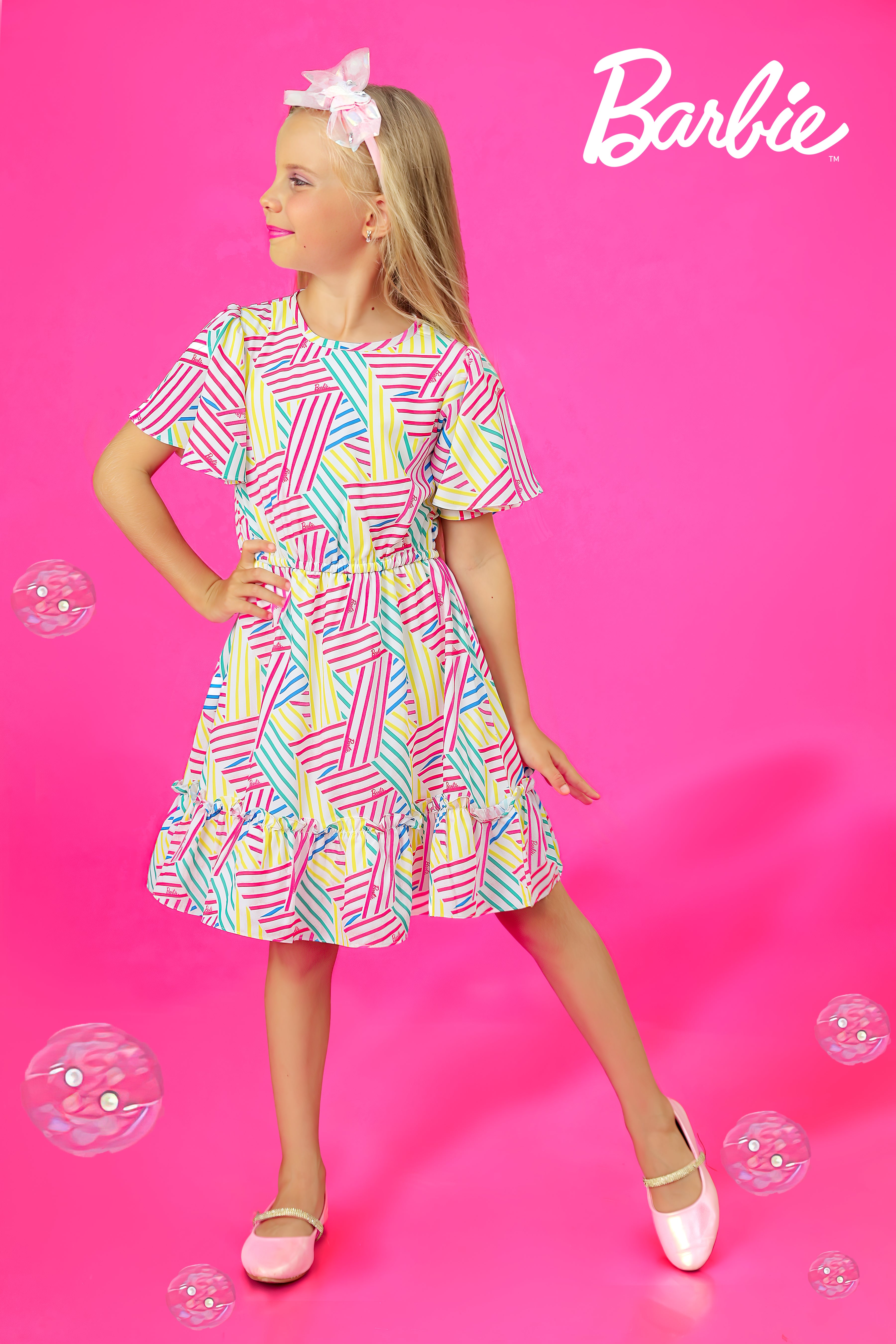 Barbie Round Neck 2-Layered Printed Midi with Bell Sleeves