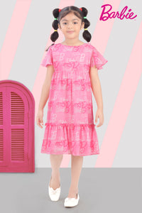 Barbie Printed Boat Neck Midi Dress with Cap Ruffle Sleeves & Flared Frill