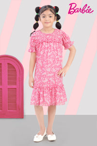 Barbie Printed A-Line Midi Dress with Smocked Yoke & Puff Sleeves