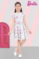 Barbie Printed Midi Dress with Boat Neck, Cap Lace Sleeves & Two-Layered Waist