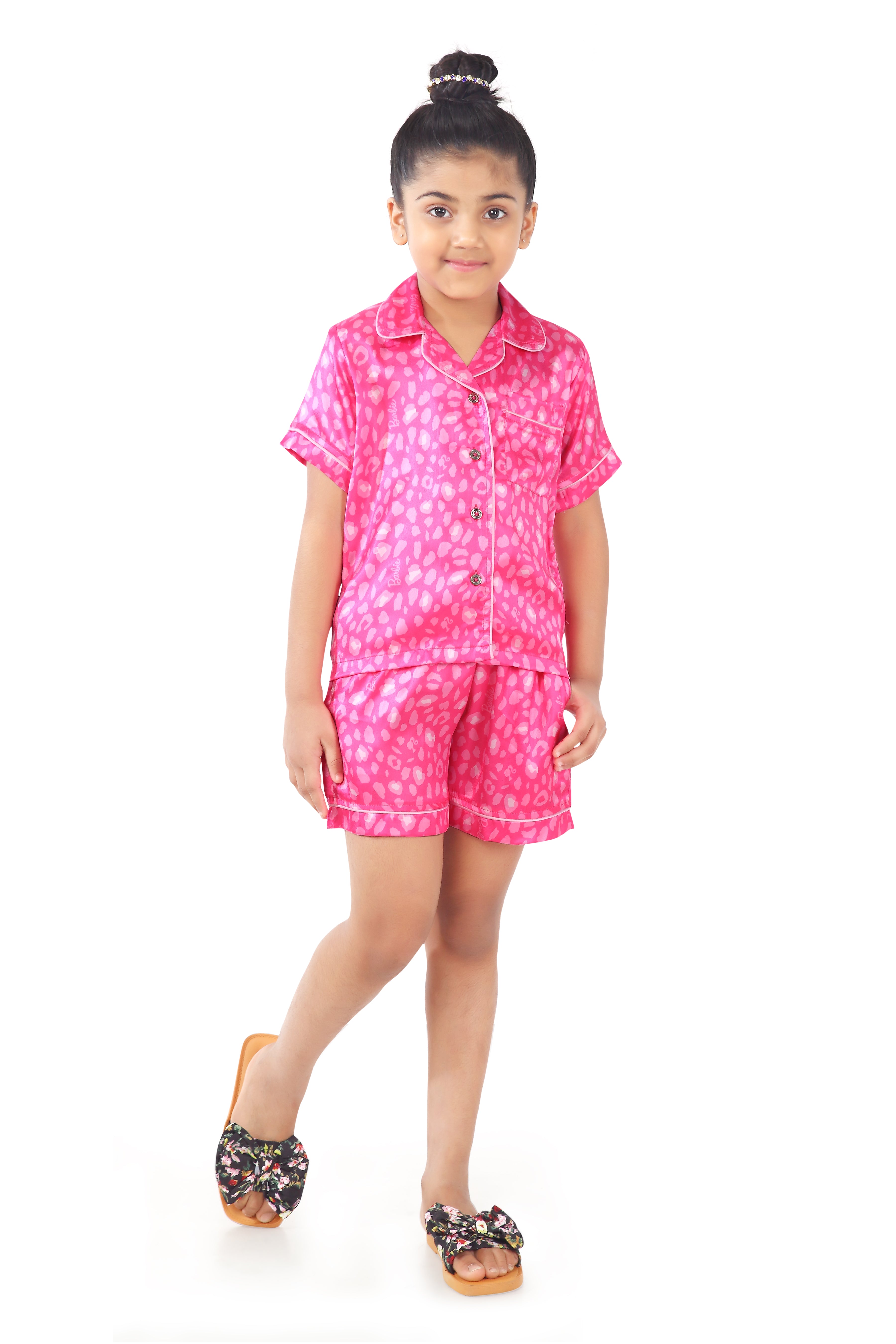 Barbie Night Suit with Half Sleeve Top & Elasticated Half Pants Pink