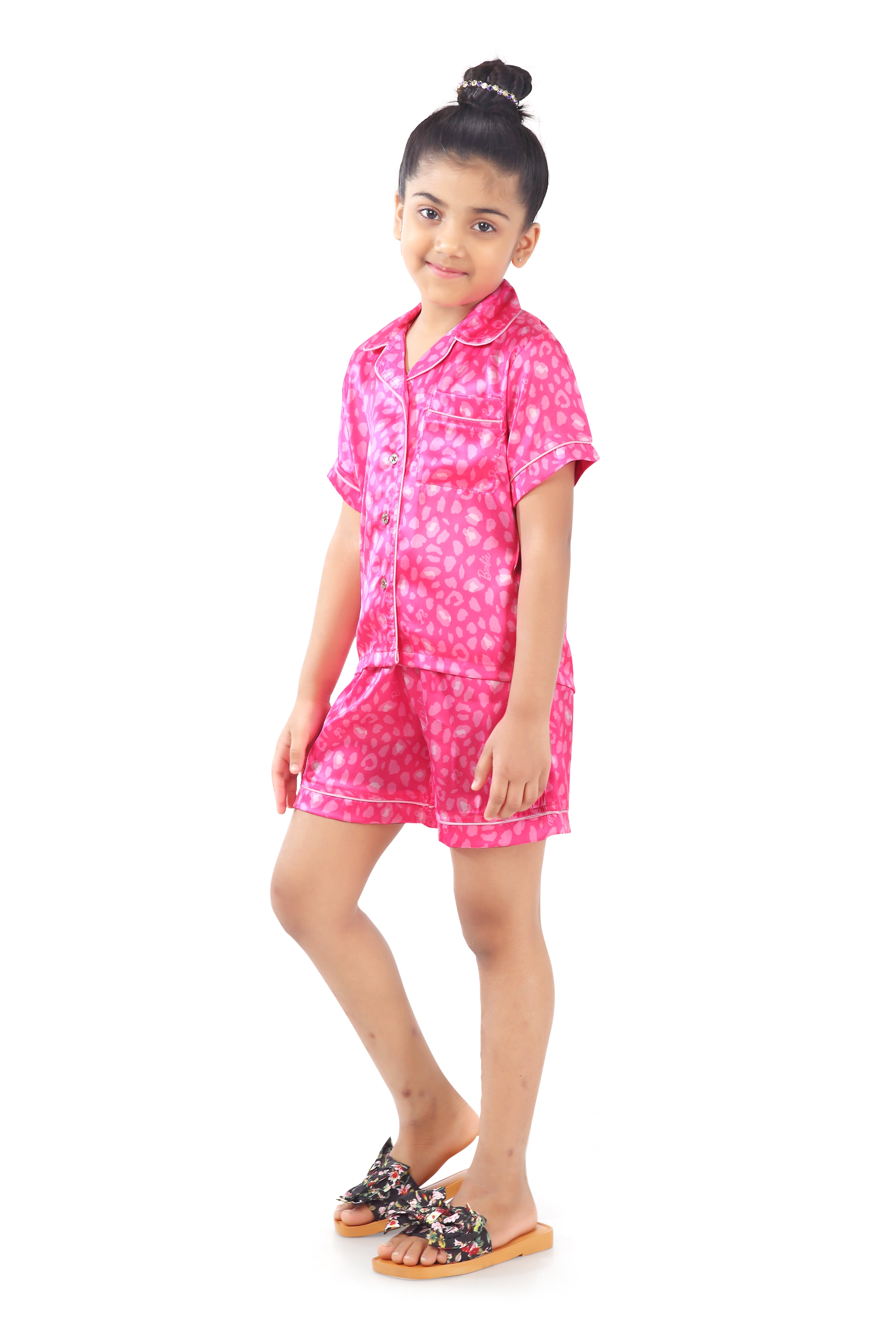 Barbie Night Suit with Half Sleeve Top & Elasticated Half Pants Pink