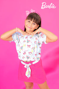 Barbie Round Neck Elasticated Top with Half Sleeves, Skort & Detachable Belt