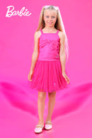 Barbie Elasticated Spaghetti Straps Top with Front Bow, Paired with Net Shirt