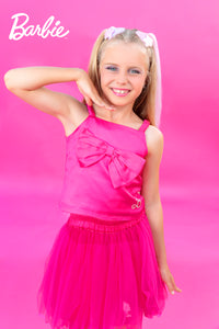 Barbie Elasticated Spaghetti Straps Top with Front Bow, Paired with Net Shirt