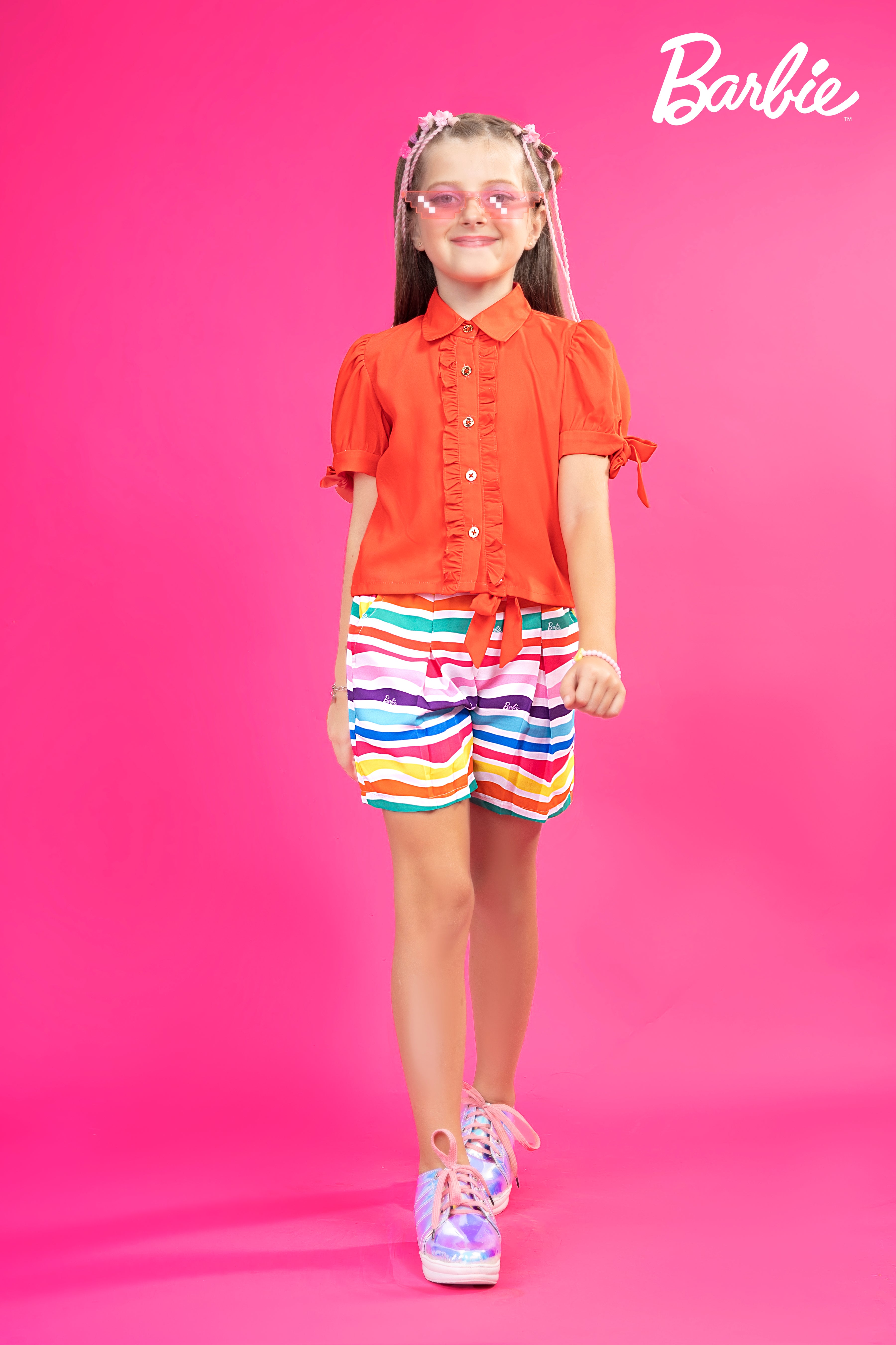 Barbie Collar Neck Frill Top with Button & Printed Shorts