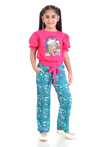 Barbie Puff Sleeve Top with Printed Straight Pants Set