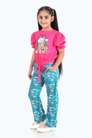 Barbie Puff Sleeve Top with Printed Straight Pants Set