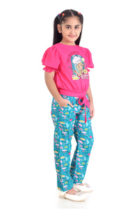 Barbie Puff Sleeve Top with Printed Straight Pants Set