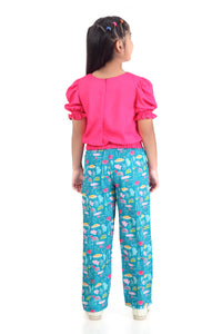 Barbie Puff Sleeve Top with Printed Straight Pants Set