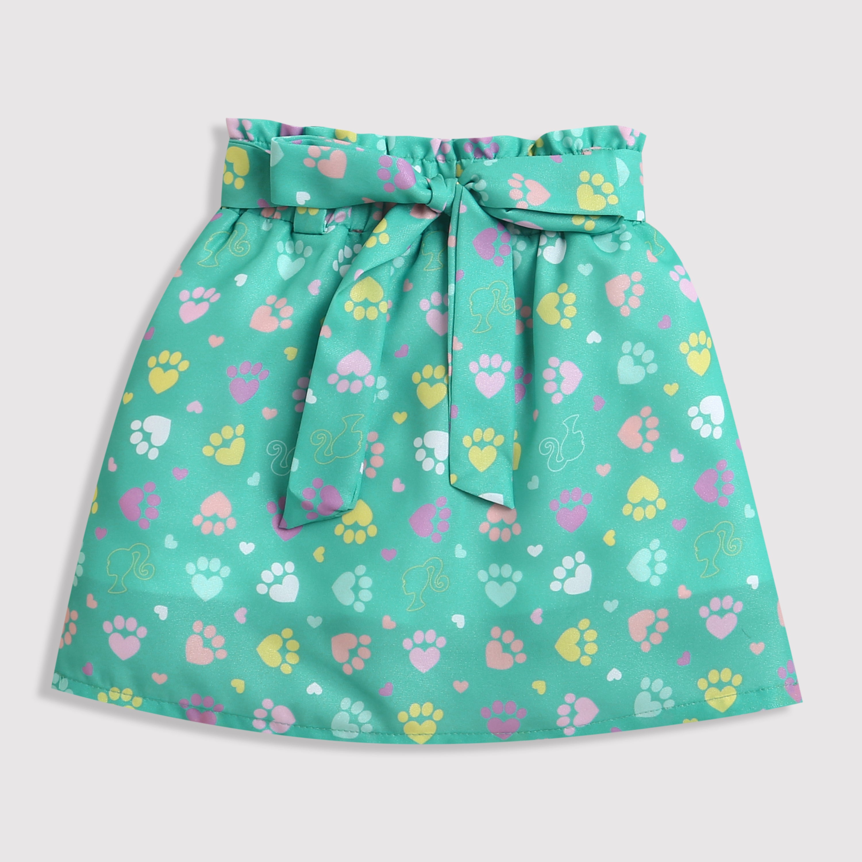 Barbie Printed Skirt Set – Round Neck Top with Elastic Waist & Sleeves, Umbrella Flare Skirt