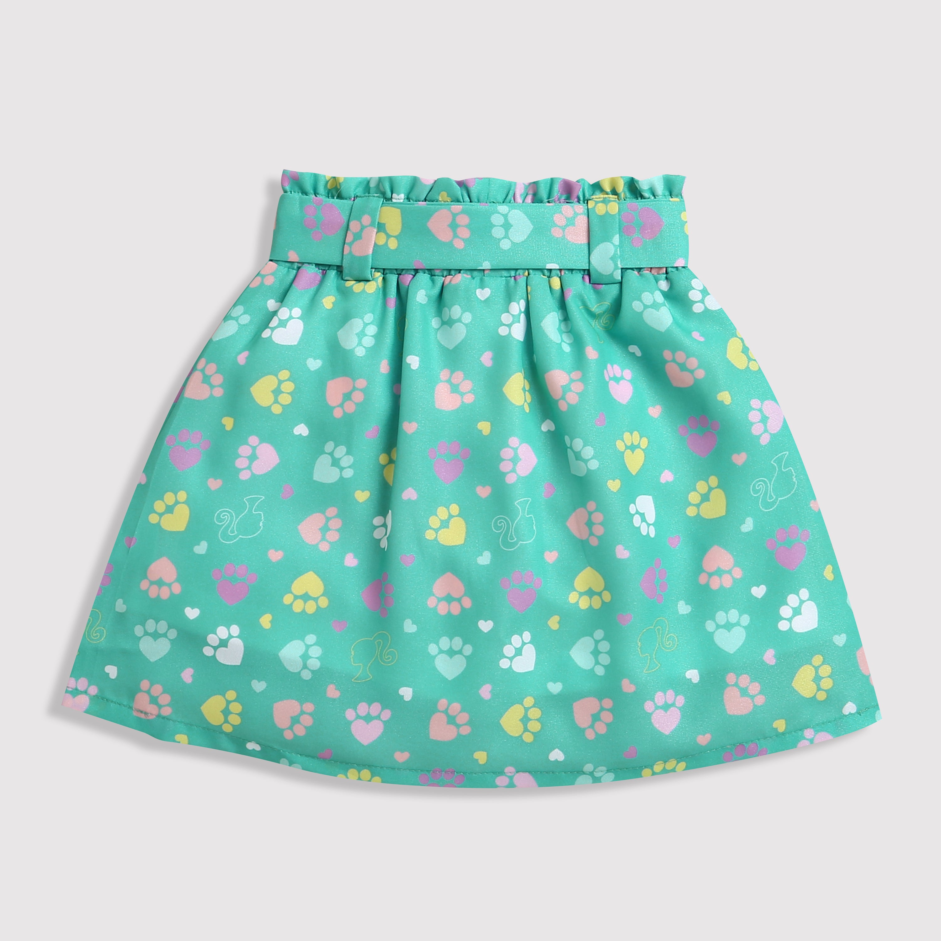 Barbie Printed Skirt Set – Round Neck Top with Elastic Waist & Sleeves, Umbrella Flare Skirt