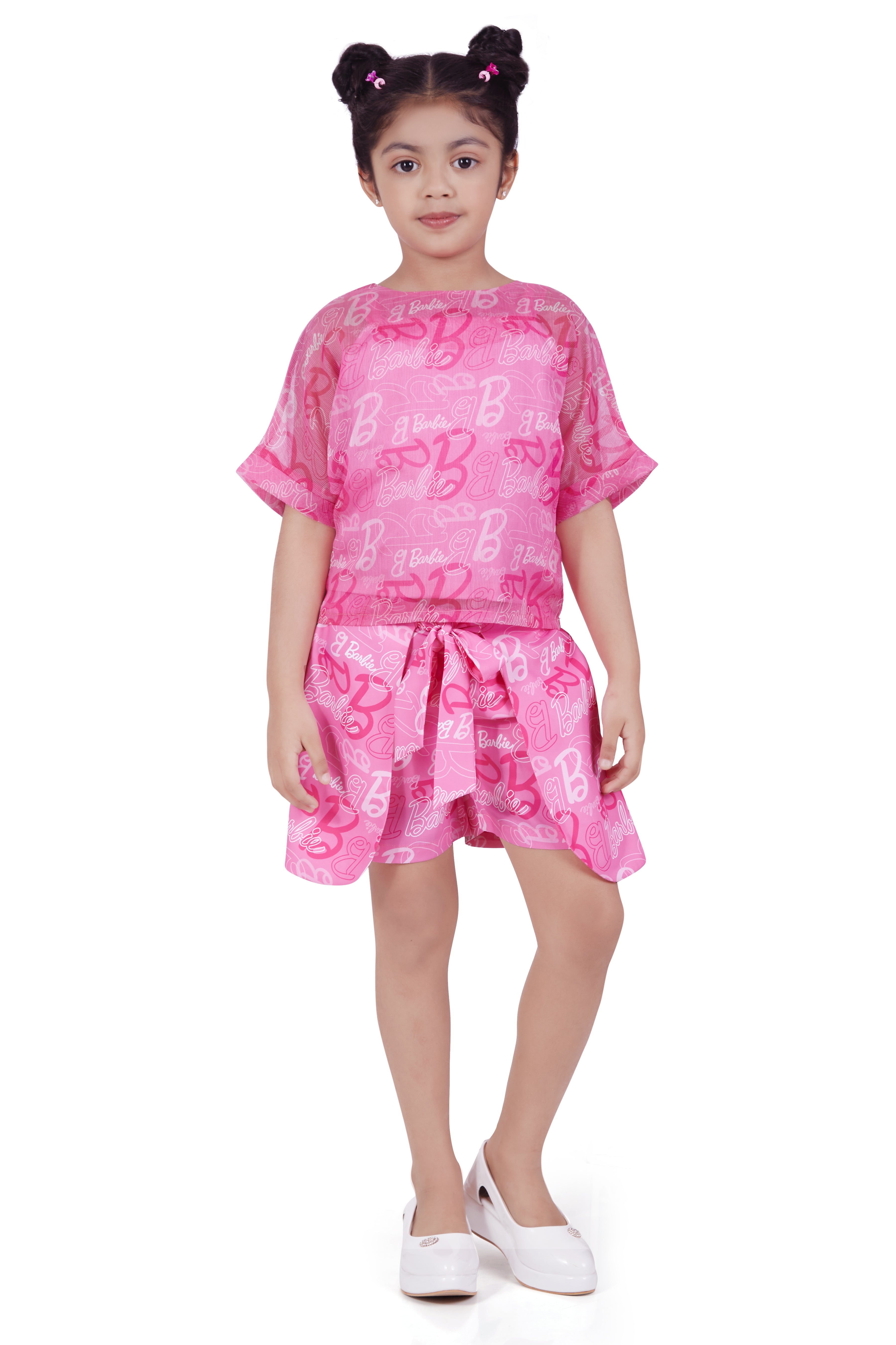 Printed Fabric Set with Spaghetti Inner, Round Neck Boxy Top & Layered Shorts with Bow