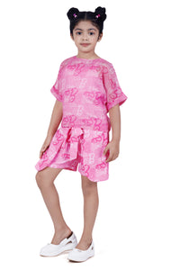 Printed Fabric Set with Spaghetti Inner, Round Neck Boxy Top & Layered Shorts with Bow