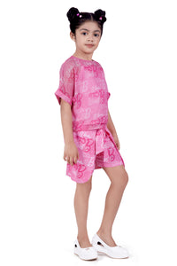 Printed Fabric Set with Spaghetti Inner, Round Neck Boxy Top & Layered Shorts with Bow