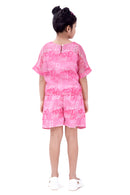 Printed Fabric Set with Spaghetti Inner, Round Neck Boxy Top & Layered Shorts with Bow