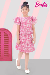 Barbie Printed Skirt Set with Boat Neck, Cap Ruffle Sleeves & Pleated Skirt with Flap & Button