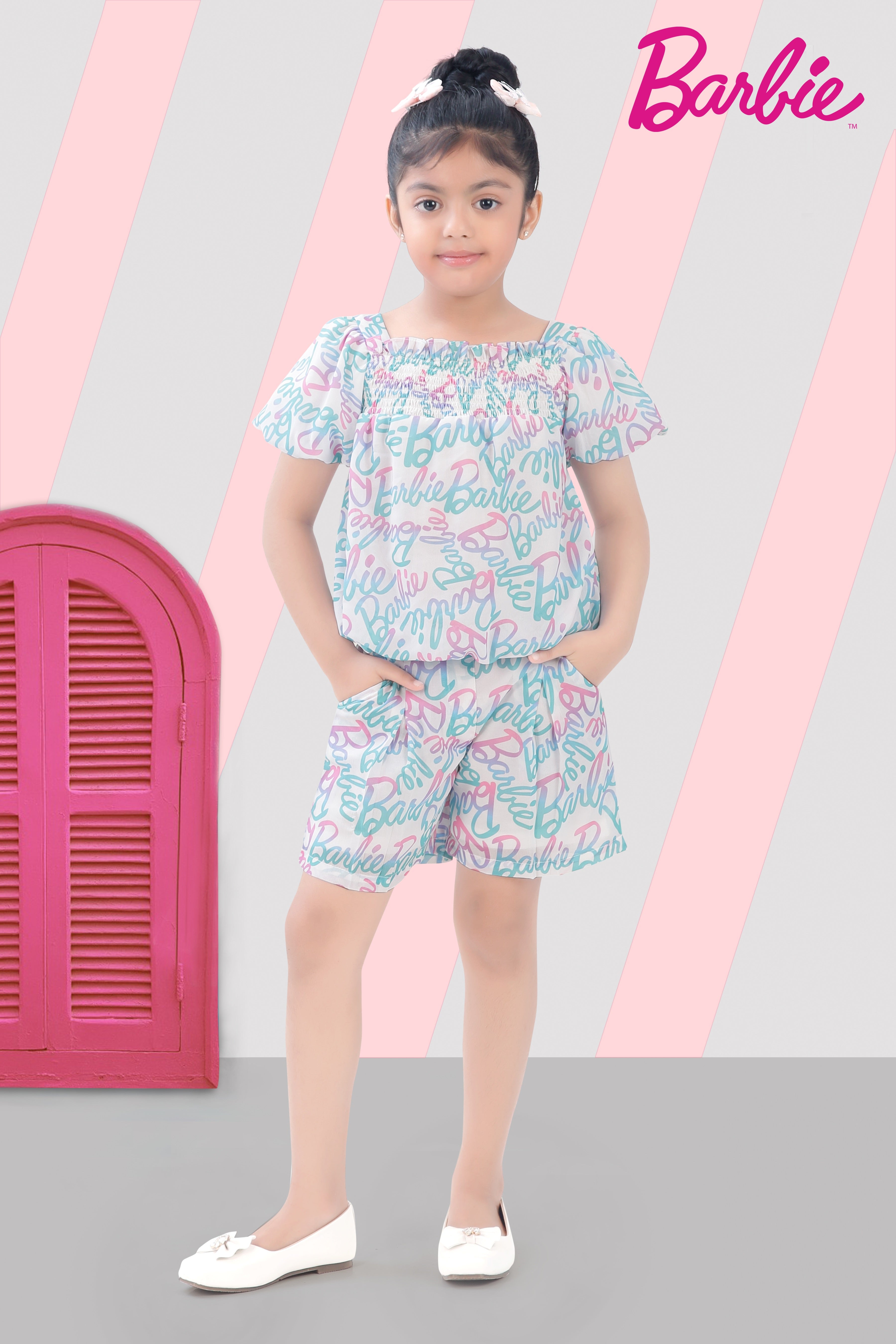 Printed Skirt Set with Smocking Neck, Balloon Sleeves, and Pleated Shorts