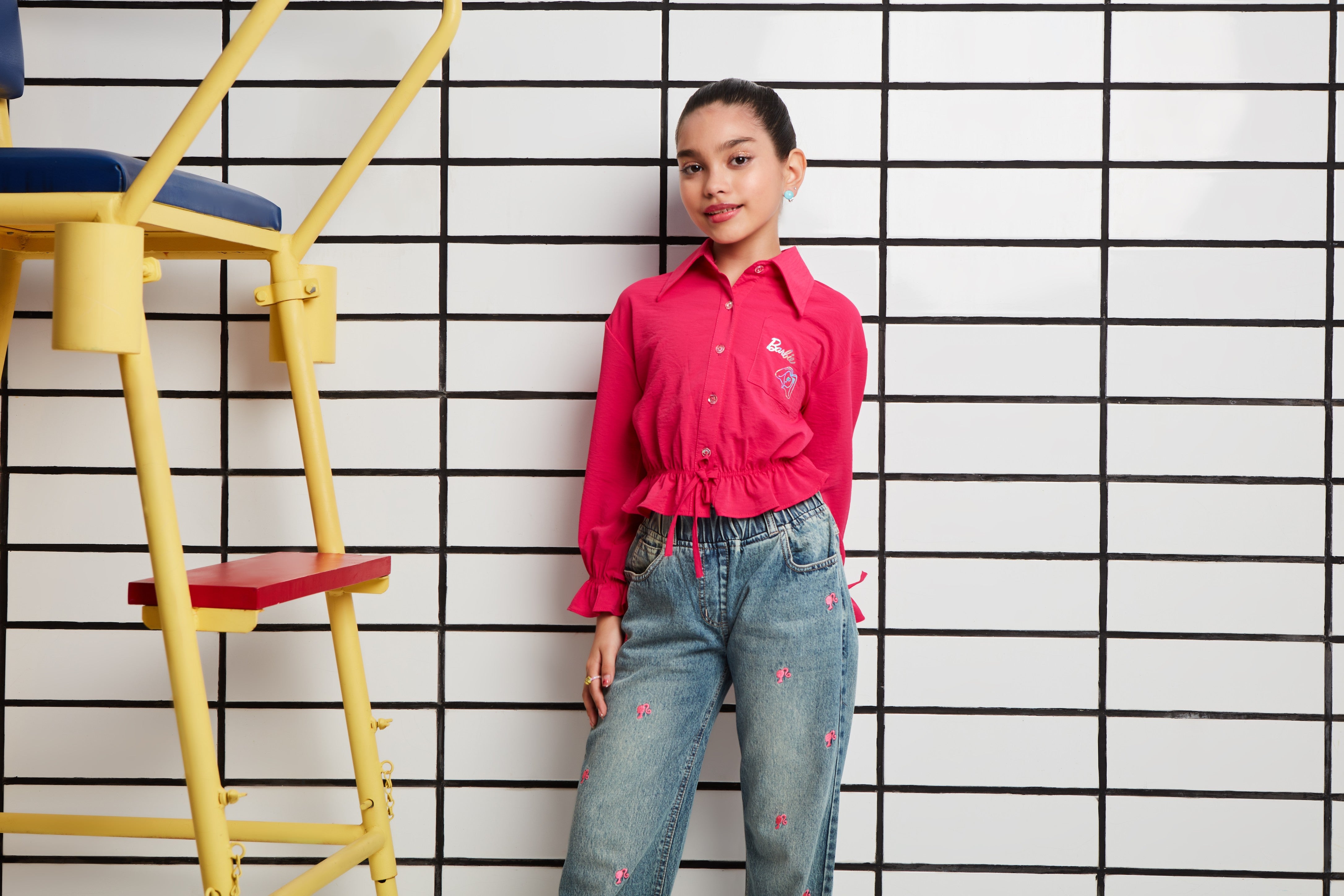 Barbie Printed Crop Top with Shirt Collar Cuffed Waistband