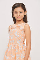 Tiny Girl Round Neck Sleeveless Printed Peach Frock