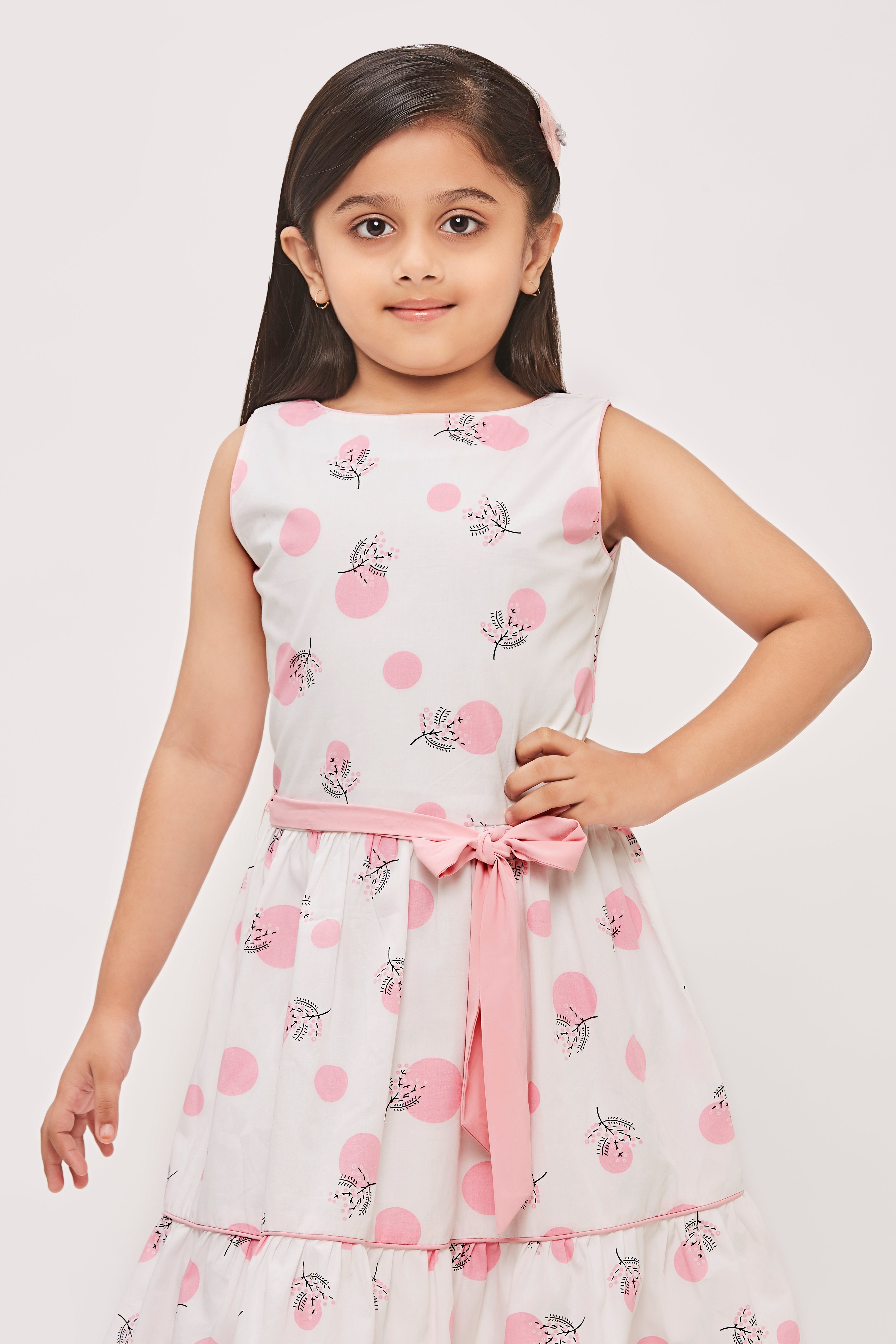 Tiny Girl Round Neck Frock Added Fullness & Detachable Fabric Belt