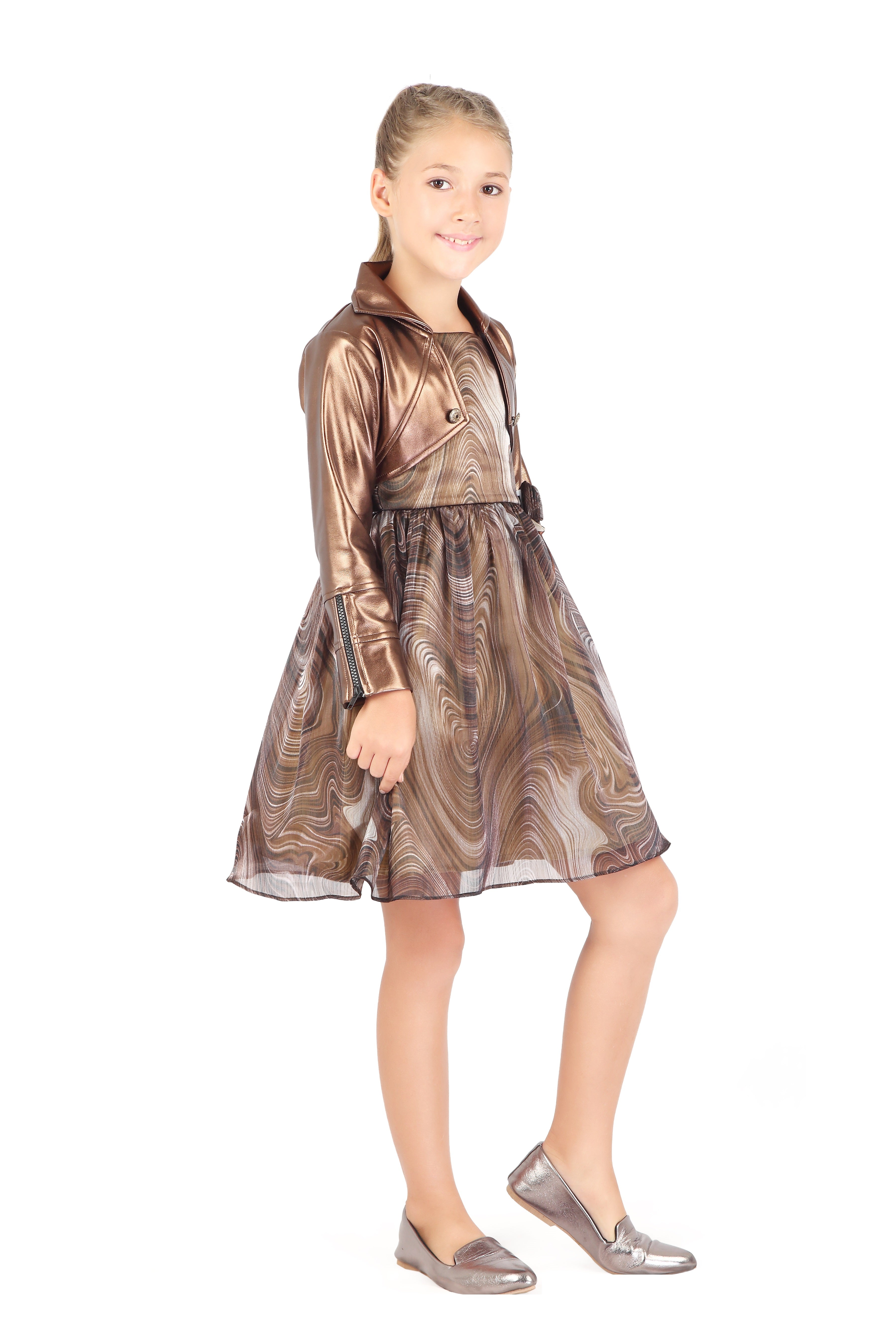 Tiny Girl Abstract Print Frock with Fancy Leather Jacket