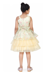 Barbie Floral Embroidered One-Shoulder Party Frock with Layered Flare & Flower Broach