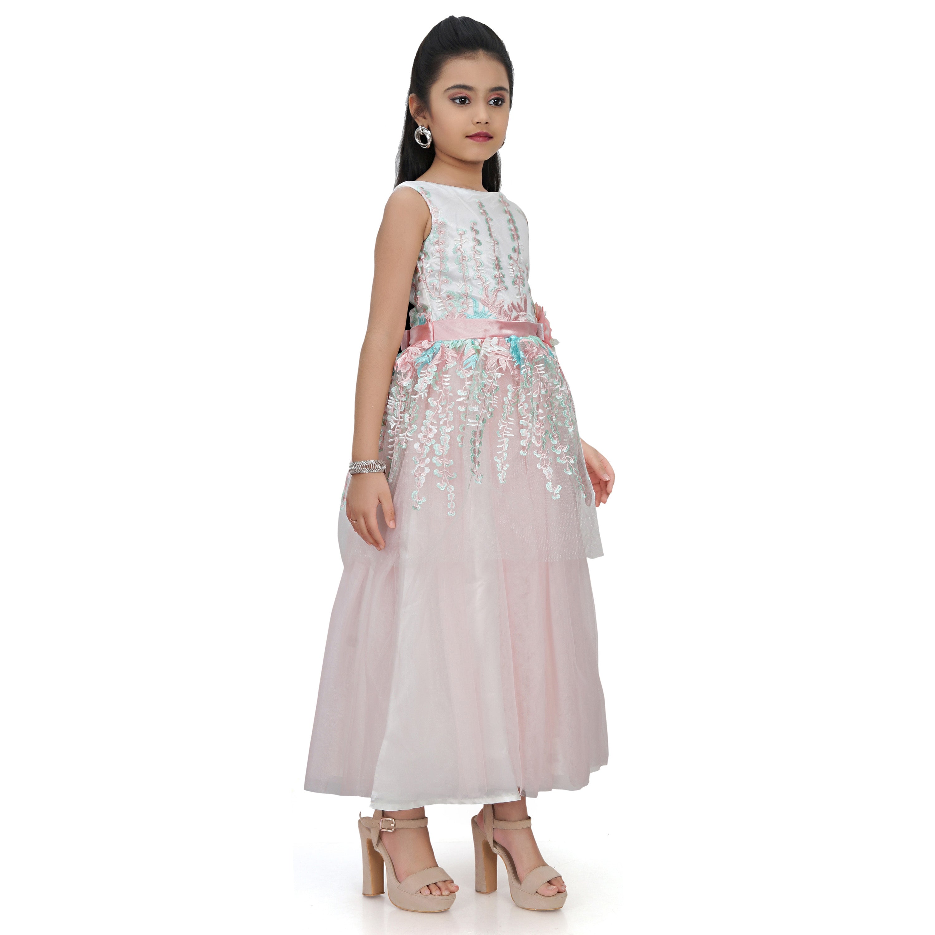 Sky Pink Printed Woven Fit And Flare Dress With Sequins With A Flower Brooch.