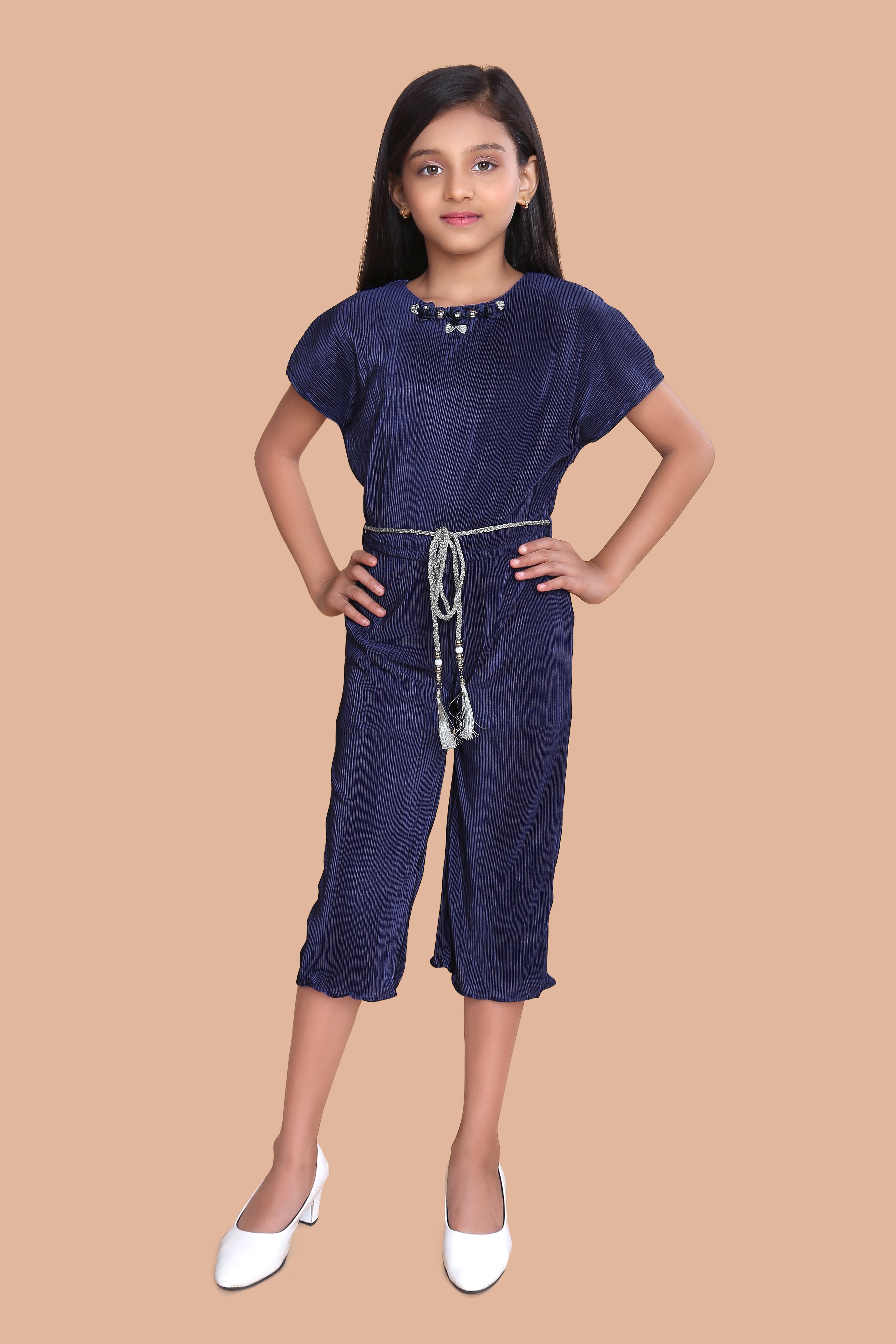 Tiny Girl Round Neck Half Sleeve Jumpsuit With Shimmering Belt