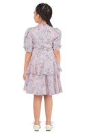 Tiny Girl Round High Neck Puff Sleeve Pink Flower Print Midi Dress