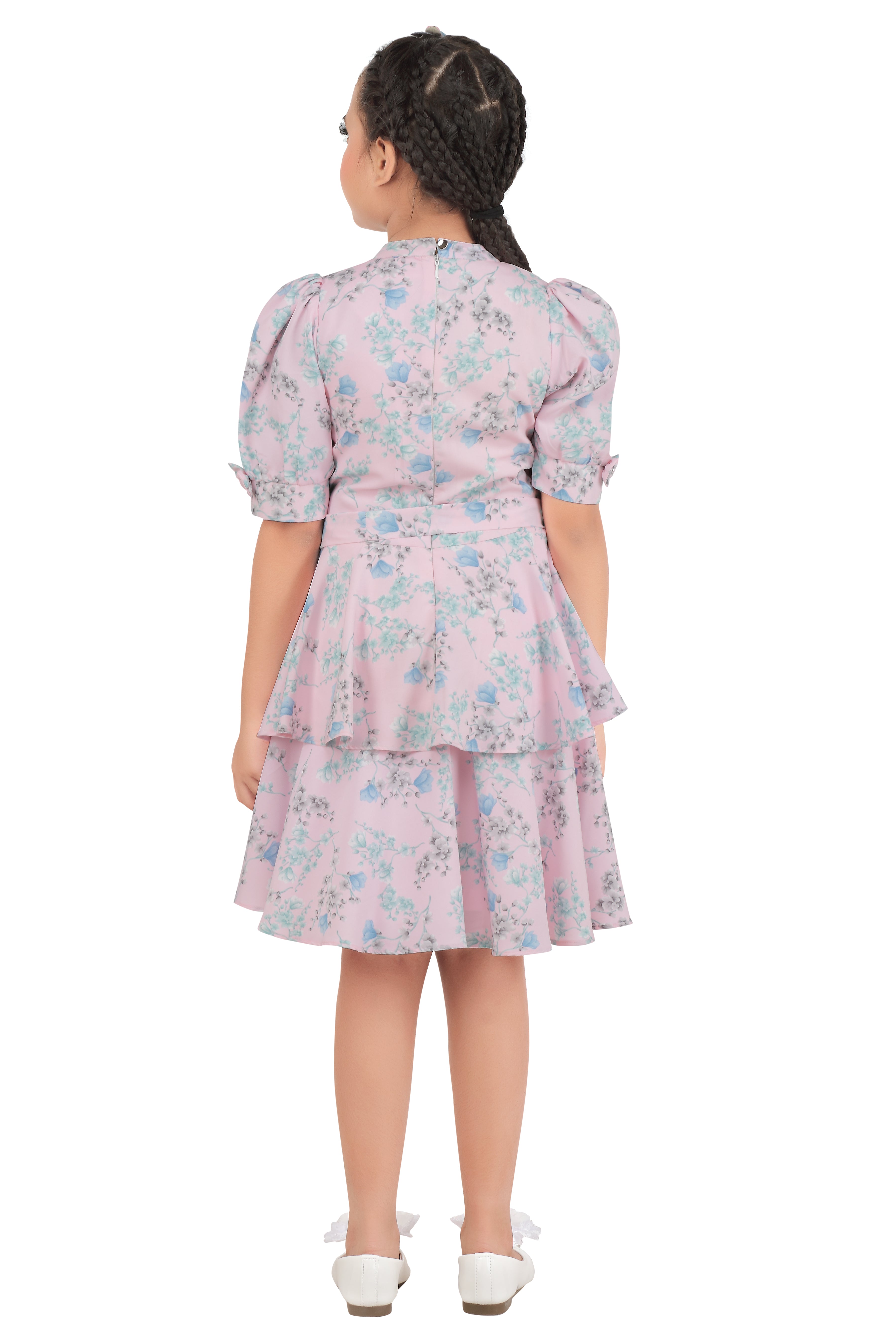 Tiny Girl Round High Neck Puff Sleeve Pink Flower Print Midi Dress