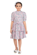 Tiny Girl Round High Neck Puff Sleeve Pink Flower Print Midi Dress