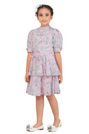 Tiny Girl Round High Neck Puff Sleeve Pink Flower Print Midi Dress