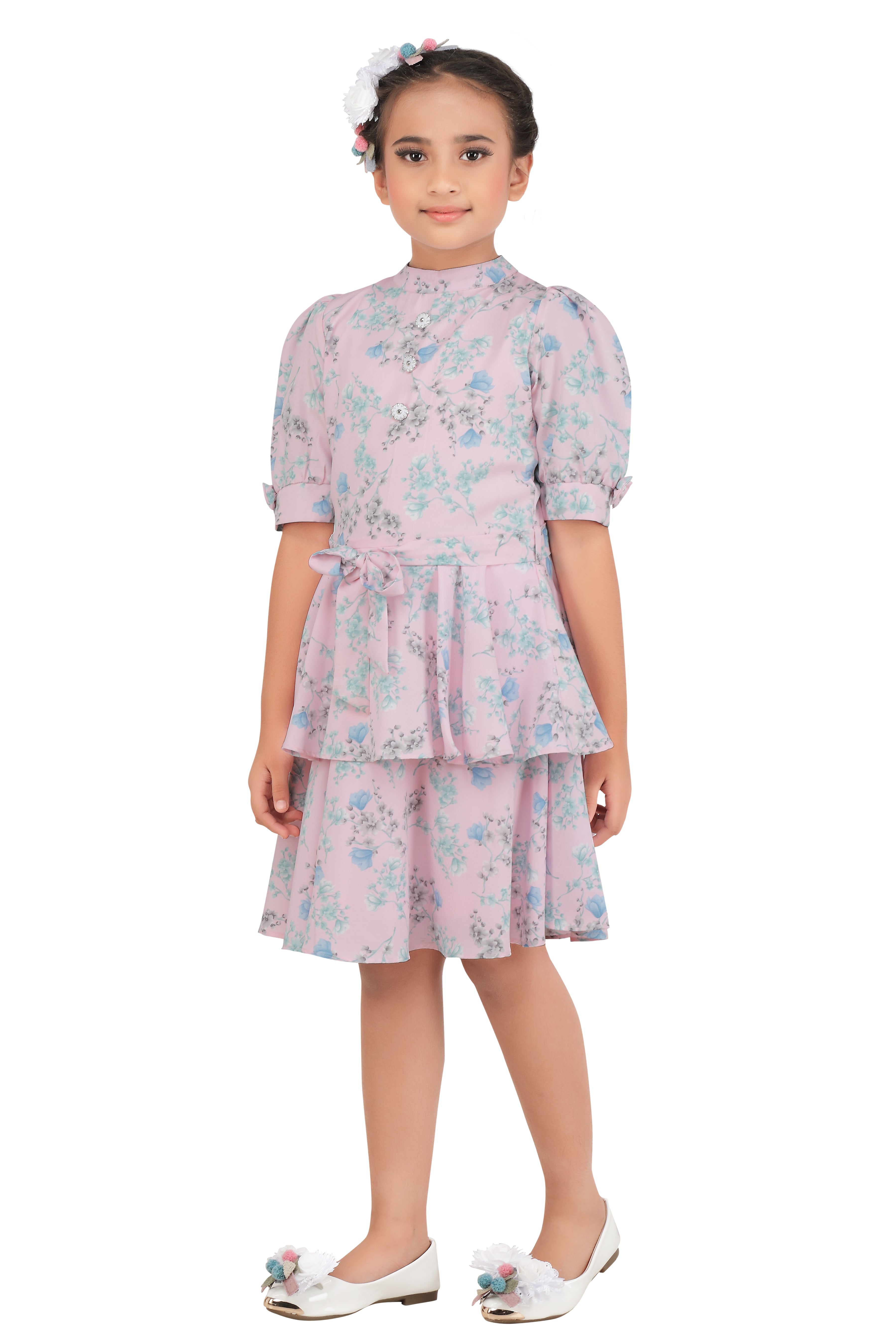 Tiny Girl Round High Neck Puff Sleeve Pink Flower Print Midi Dress