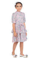 Tiny Girl Round High Neck Puff Sleeve Pink Flower Print Midi Dress